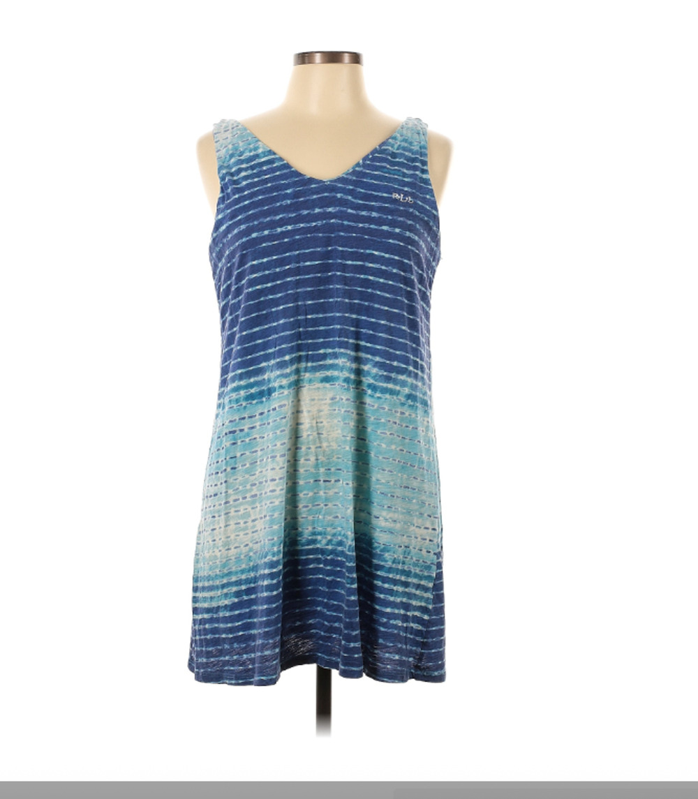 Lauren Ralph Lauren Blue Ombre Striped T-Shirt Dress V-Neck Sleeveless Sz L Chic